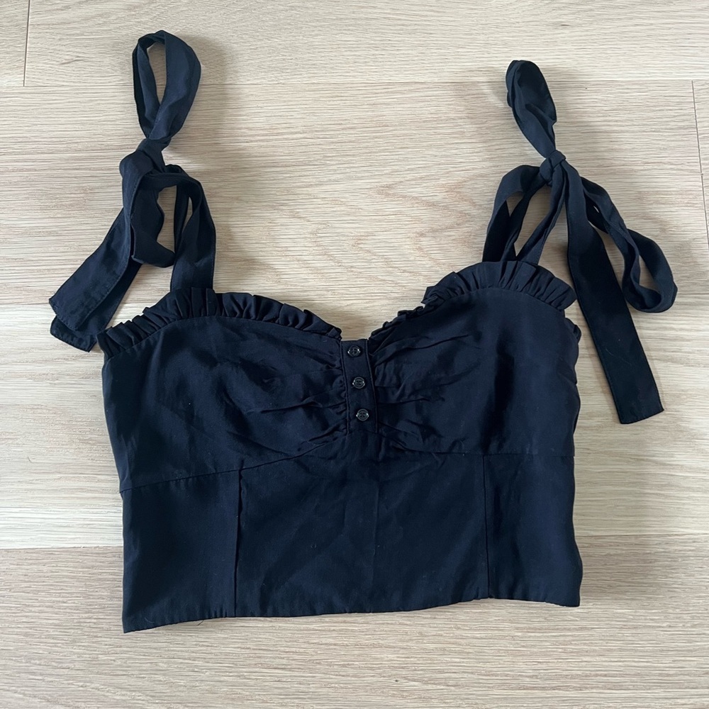 New! Katie J NYC Mason Tie Black Ruffle Top